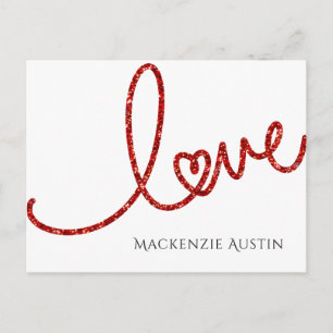 Cartes Pour Fêtes Annuelles Love Heart Script   Parties scintillant rouge mode