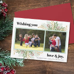 Cartes Pour Fêtes Annuelles Love & Joy Holiday Greenery 2 Photo Christmas Card<br><div class="desc">This modern Christmas flat greeting card offers two photo frames with the bold text "Wishing you love & joy."  This holiday design is accented with a graphic of winter Christmas greenery.
Photography © Storytree Studios,  Stanford,  CA</div>
