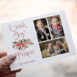 Cartes Pour Fêtes Annuelles Love, Joy & Peace Typographie Pastel Floral 3-Phot<br><div class="desc">Belle pulvérisation de roses rose pastel et verdure de Noël avec personnalisation Love,  Joy & Peace typographie graphique et 3 modèle photo avec champs de texte modifiables. L'arrière contient des graphiques floraux complémentaires et des champs de texte supplémentaires.</div>