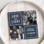 Cartes Pour Fêtes Annuelles Love & Light Modern Hanoukka Photo<br><div class="desc">Montrez vos photos de carré dans ce carte photo Hanoukka simple et moderne. Design dispose d'une disposition à quatre carrés avec un arrière - plan bleu et "Love and Light" en lettres blanches modernes. Utilisez les deux champs de texte personnalisables pour ajouter un message d'accueil personnalisé et votre nom de...</div>