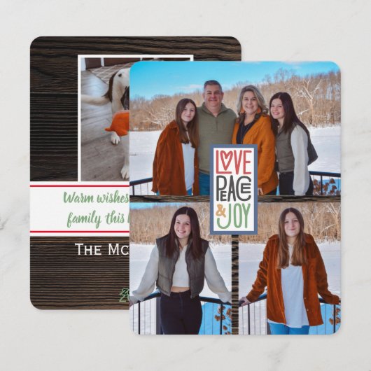 Cartes Pour Fêtes Annuelles Love Peace & Joy (ajouter vos photos) Bois rustiqu (Devant / Derrière)