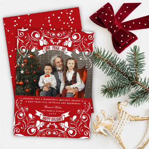 Cartes Pour Fêtes Annuelles Love Peace Joy Elegant Floral Flourish Red Photo
