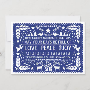 Cartes Pour Fêtes Annuelles Love Peace, Joy papel picado bleu Noël