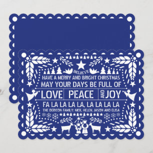 Cartes Pour Fêtes Annuelles Love Peace, Joy papel picado bleu Noël