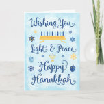 Cartes Pour Fêtes Annuelles Lumière et paix de l'Hanoukka lunatique<br><div class="desc">Une carte à thème juive Hanoukka avec une menorah,  l'étoile de David et Driedel.  Le texte dit Wishing You Light & Peace Happy Hanoukka.  L'arrière - plan est un lavage à l'eau bleu clair.  Personnalisez l'intérieur avec votre propre message et/ou logo de l'entreprise.</div>