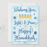 Cartes Pour Fêtes Annuelles Lumière et paix Hanoukka heureux<br><div class="desc">Une carte juive de thème de Hanoukka avec un menorah, une étoile de David et un Driedel. Le texte lit vous souhaiter la lumière et la paix Hanoukka heureux. L'arrière - plan est une personnaliser bleu-clair de clic de Washington d'aquarelle il pour personnaliser le dos avec votre propre logo de...</div>