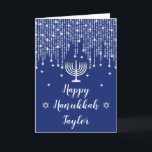 Cartes Pour Fêtes Annuelles Lumières à cordes bleu et argenté Happy Hanoukka<br><div class="desc">Cette carte Happy Hanoukka élégante et sophistiquée peut être personnalisée avec un nom ou un titre, comme fille, petite-fille, nièce, ami etc. Il présente de belles lumières de fées à cordes d'argent avec des étincelles de diamant, une bougie menorah et l'étoile de David. Le texte combine écriture manuscrite et polices...</div>