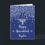 Cartes Pour Fêtes Annuelles Lumières à cordes bleu et argenté Happy Hanoukka<br><div class="desc">Cette carte Happy Hanoukka élégante et sophistiquée peut être personnalisée avec un nom ou un titre, comme fille, petite-fille, nièce, ami etc. Il présente de belles lumières de fées à cordes d'argent avec des étincelles de diamant, une bougie menorah et l'étoile de David. Le texte combine écriture manuscrite et polices...</div>