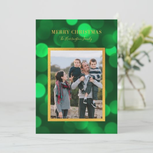 Cartes Pour Fêtes Annuelles Lumières Bokeh Vert Emeraude Or Joyeux Noël (Debout devant)