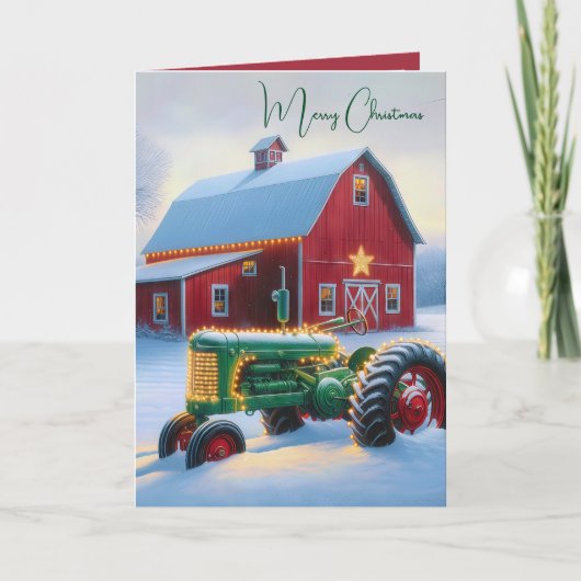 Cartes Pour Fêtes Annuelles Lumières de Noël sur un tracteur agricole vert (Devant)