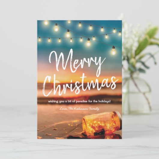 Cartes Pour Fêtes Annuelles Lumières de Noël Tropical Sunset Beach (Debout devant)