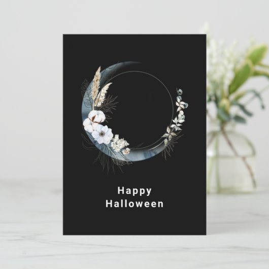 Cartes Pour Fêtes Annuelles Lune de croissant bleu avec fleurs blanches Hallow (Debout devant)