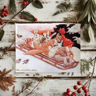 Cartes Pour Fêtes Annuelles Lutin vintage et animaux de la forêt en traîneau
