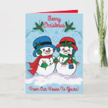 Cartes Pour Fêtes Annuelles M. & Mme Frosty Le Snowman<br><div class="desc">Personnalize this Adorable "One of A Kind" Holiday Card ! M. & Mme Frosty The Snowman Are Taking a Magical Christmas Stroll Through a "Snowy Winter Wonderland" ! "Merry Christmas from Our House To Yours" ! Original Fine Art Design by Artist Kerry Miller.</div>