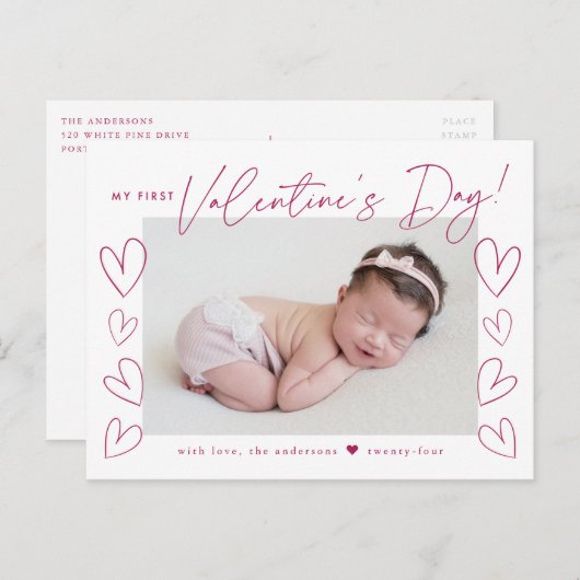 Cartes Pour Fêtes Annuelles Ma première Saint Valentin Fuchsia Script Photo (Devant / Derrière)