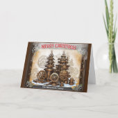 Cartes Pour Fêtes Annuelles Machinerie Cogs Steampunk Arbres Joyeux Noël (Devant)