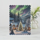Cartes Pour Fêtes Annuelles Magical Christmas, mountain village, polar lights (Debout devant)