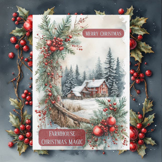 Cartes Pour Fêtes Annuelles Magie de Noël à la Ferme Rustique avec des Baies d