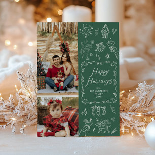 Cartes Pour Fêtes Annuelles Main verte foncée Tirée Icônes Joyeuses Fêtes 2 Ph