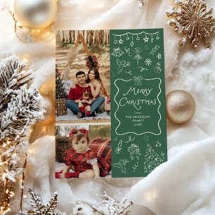Cartes Pour Fêtes Annuelles Main Whimsical tiré vert Joyeux Noël 2 Photo
