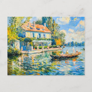 Cartes Pour Fêtes Annuelles Maison au bord du lac avec bateau