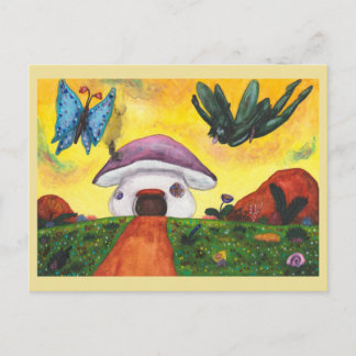 Cartes Pour Fêtes Annuelles Maison Champignon Papillon Fée Fantastique Aquarel