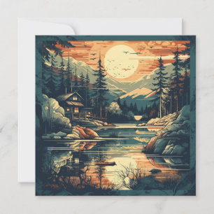 Cartes Pour Fêtes Annuelles Maison de montagne d'art rétro scandinave