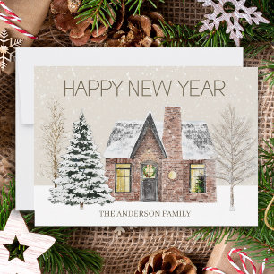 Cartes Pour Fêtes Annuelles Maison de pin de neige d'hiver Bonne année