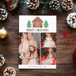 Cartes Pour Fêtes Annuelles Maison en pain d'épice Joyeux Noël Photo Collage<br><div class="desc">Carte photo de Noël avec une maison en pain d'épices avec deux arbres en pain d'épices décorés de givre blanc,  rouge et vert. Ajoutez trois photos de votre famille !</div>