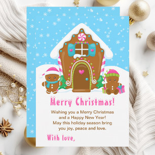 Cartes Pour Fêtes Annuelles Maison en pain d'épice rose et bleu Joyeux Noël