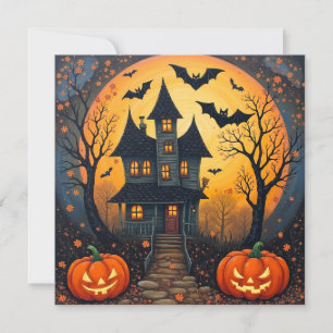 Cartes Pour Fêtes Annuelles Maison hantée de la nuit d'Halloween, citrouilles