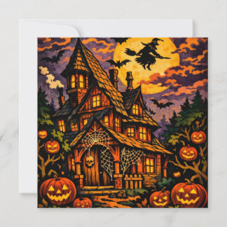 Cartes Pour Fêtes Annuelles Maison hantée d'Halloween, citrouilles et sorcière