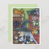 CARTES POUR FÊTES ANNUELLES MAISON HEUREUSE DE SORCIÈRE ÂGÉE, BEAUCOUP DE CHAT (Devant / Derrière)