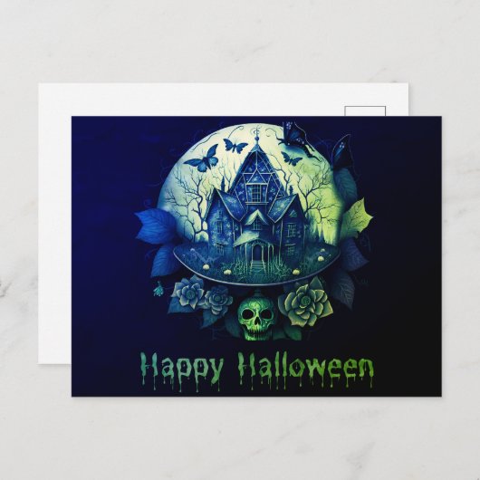 Cartes Pour Fêtes Annuelles Maison verte violette gothique Hauny Halloween heu (Devant / Derrière)