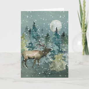 Cartes Pour Fêtes Annuelles Majestic Elk Forest Pleine lune Snowfall Aquarelle