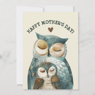 Cartes Pour Fêtes Annuelles Mama Owl & Owlet Aquarelle Bois Fête des Mères