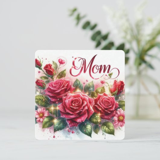 Cartes Pour Fêtes Annuelles Maman Roses Rouges Étincelantes (Debout devant)