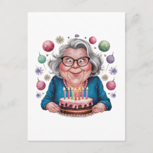Cartes Pour Fêtes Annuelles Mamie drôle qui regarde le gâteau d'anniversaire A