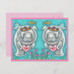 CARTES POUR FÊTES ANNUELLES MANATEE CUPID, BUBBLES & COEURS COLORÉ VALENTINE