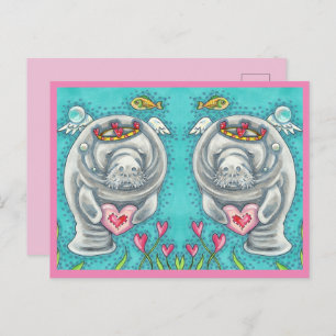CARTES POUR FÊTES ANNUELLES MANATEE CUPID, BUBBLES & COEURS COLORÉ VALENTINE