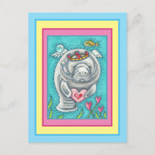 CARTES POUR FÊTES ANNUELLES MANATEE CUPID, BUBBLES & COEURS COLORÉ VALENTINE