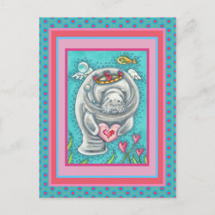 CARTES POUR FÊTES ANNUELLES MANATEE CUPID, BUBBLES & COEURS COLORÉ VALENTINE