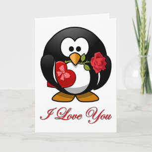 Cartes Pour Fêtes Annuelles Manchot Amoureux Avec Cadeaux de la Saint-Valentin