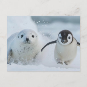 Cartes Pour Fêtes Annuelles Manchot et ami phoque - Jouant dans la neige