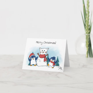 Cartes Pour Fêtes Annuelles Manchots construisant un bonhomme de neige en form