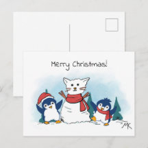 Manchots construisant un bonhomme de neige Noël 