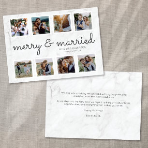 Cartes Pour Fêtes Annuelles Marble Script photo Merry & Married