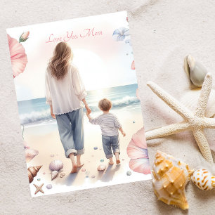 Cartes Pour Fêtes Annuelles Marche de plage mignonne avec maman Aquarelle Fête