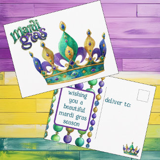 Cartes Pour Fêtes Annuelles Mardi Gras Greeting with Crown and Beads