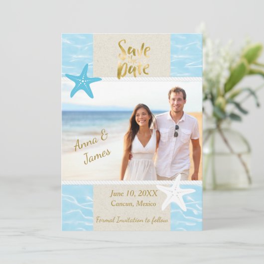 Cartes Pour Fêtes Annuelles Mariage de destination plage Enregistrer la date (Debout devant)